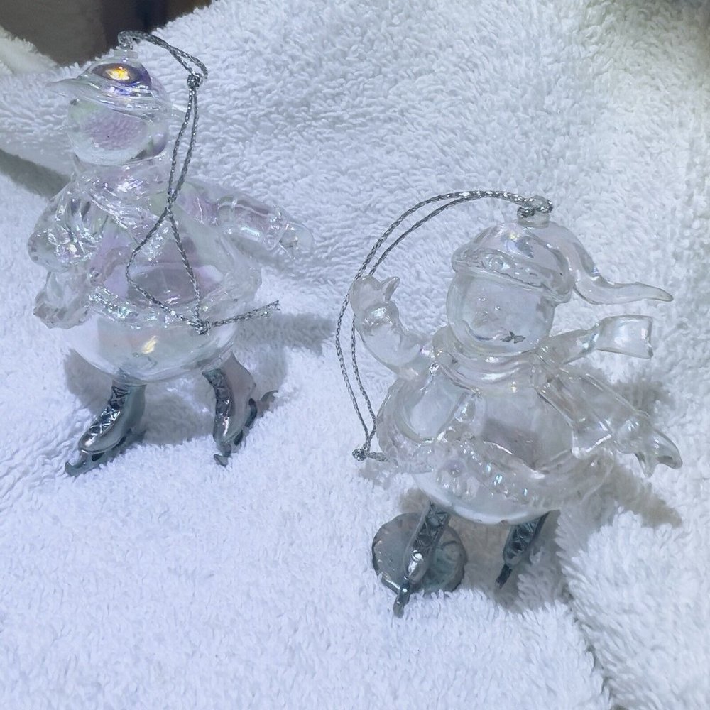 Lot of 2‎ clear glass skating Snowmen Christmas Ornaments Silver Shoes Funtime